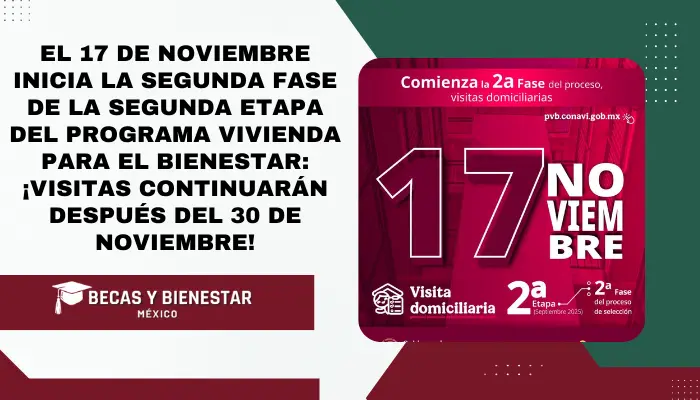 El 17 de noviembre inicia la segunda fase de la segunda etapa del programa Vivienda para el Bienestar: ¡Visitas continuarán después del 30 de noviembre!